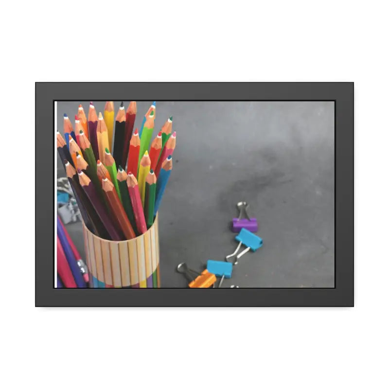 Vibrant Color Pencils with Sleek Stand for Artistic Flair - 18″ x 12″ (horizontal) / Black Frame / Semi Glossy Poster