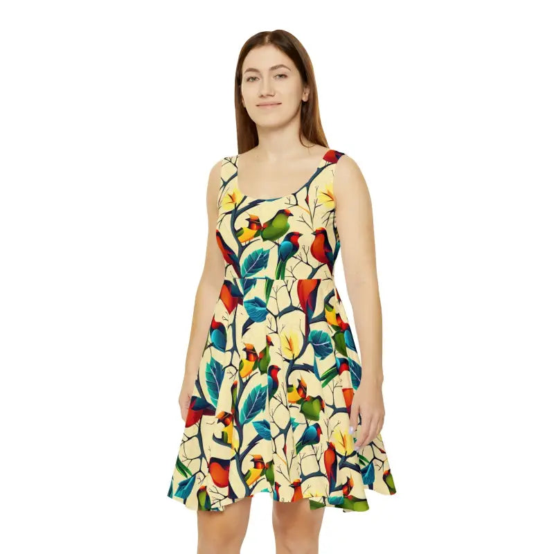 Feathery Women’s Skater Dress: Vibrant Colorful Birds - s Dresses