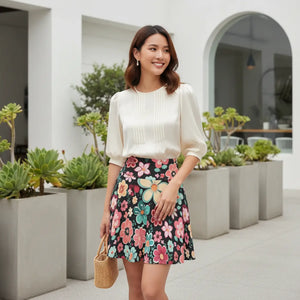 Vibrant Floral Skater Skirt - Black Stretch Fabric - Dipaliz - Skirts - l