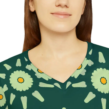 Bloom in Style with Green Floral Sleeve V-neck Tee - T-shirt