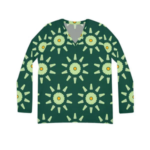 Long Sleeve v Neck Tee Abstract Floral Pattern Green - Dipaliz - T-shirts