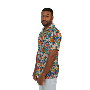 Vibrant Hawaiian Camp Shirt Tailored Fit Geometric Pattern Dipaliz - Shirts