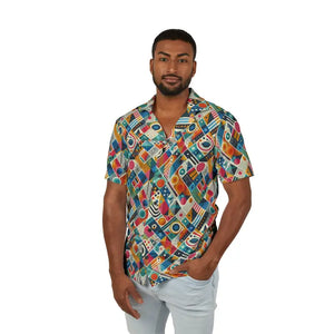 Vibrant Hawaiian Camp Shirt Tailored Fit Geometric Pattern Dipaliz - Shirts