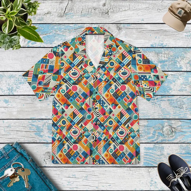 Vibrant Geometric Hawaiian Camp Shirt for Summer Vibes - Xs