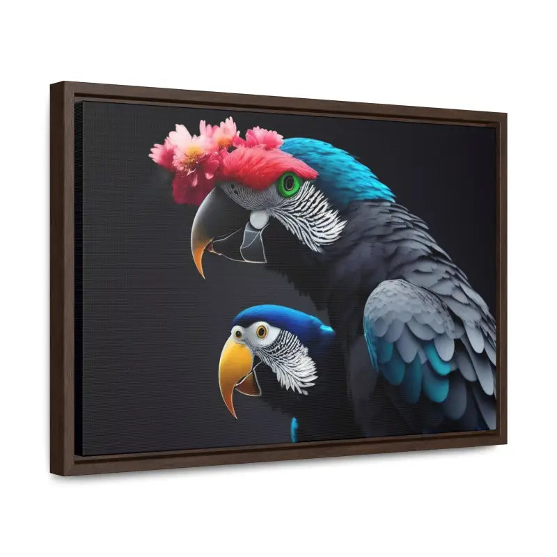 Vibrant Parrot Birds Canvas in Horizontal Frame for Home Decor - 18″ x 12″ / Walnut / Premium Gallery Wraps (1.25″)