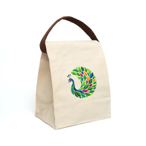 Vibrant Peacock Design Lunch Bag - Eco Friendly Cotton - Dipaliz - 8’’ x 12.5’’ 5.5’’ / Natural - Bags