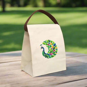Vibrant Peacock Design Lunch Bag - Eco Friendly Cotton - Dipaliz - 8’’ x 12.5’’ 5.5’’ / Natural - Bags