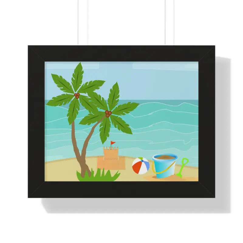 Chill with the Vibrant Sand Castle Framed Horizontal Poster - 14″ x 11″ / Black