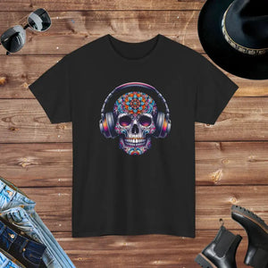 Vibrant Skull with Headphones Cotton Tee - Unisex Heavy - Dipaliz - T-shirts