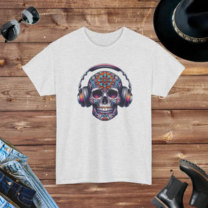 Vibrant Skull with Headphones Cotton Tee - Unisex Heavy - Dipaliz - Ash / s - T-shirts