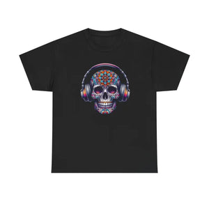 Vibrant Skull with Headphones Cotton Tee - Unisex Heavy - Dipaliz - Black / s - T-shirts