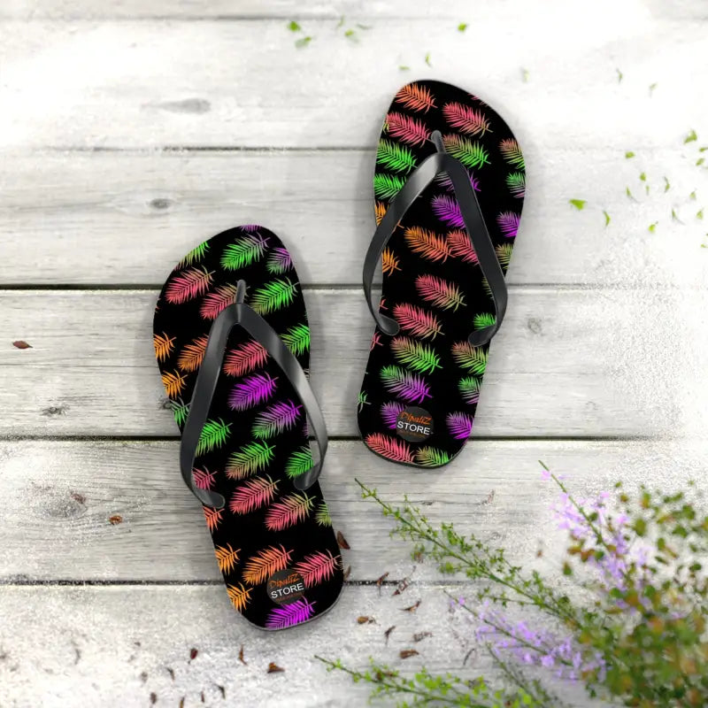 Vibrant Unisex Flip Flops - Colorful Summer Leaves Style - l / Black Sole Shoes