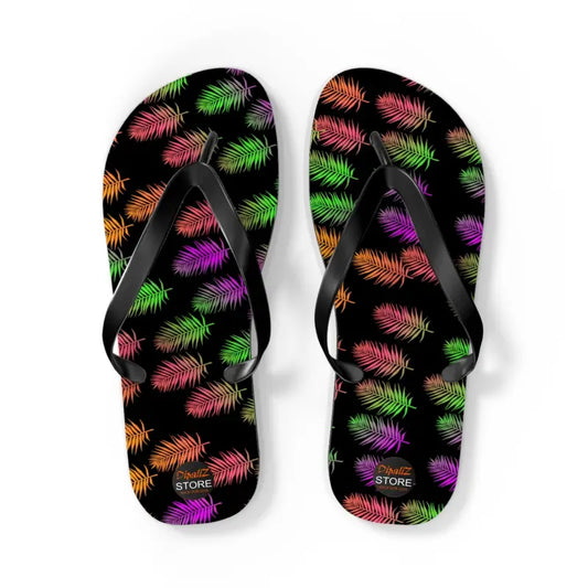 Vibrant Unisex Flip Flops - Colorful Summer Leaves Style - l / Black Sole Shoes