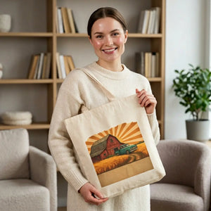 Vintage Farmhouse Tote Bag, Retro Barn & Truck Canvas Market - Bags