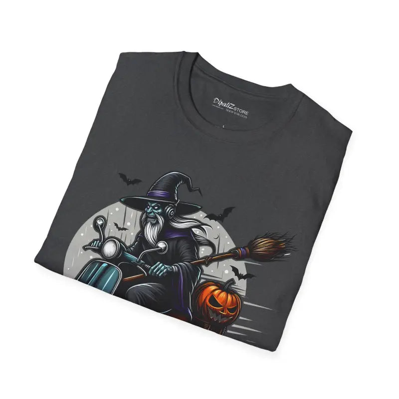 A Warlock Witch on a Scooter Halloween Unisex Softstyle T-shirt