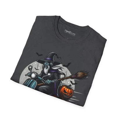 A Warlock Witch on a Scooter Halloween Unisex Softstyle T-shirt