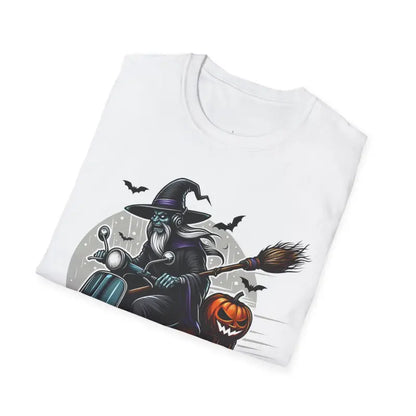 A Warlock Witch on a Scooter Halloween Unisex Softstyle T-shirt