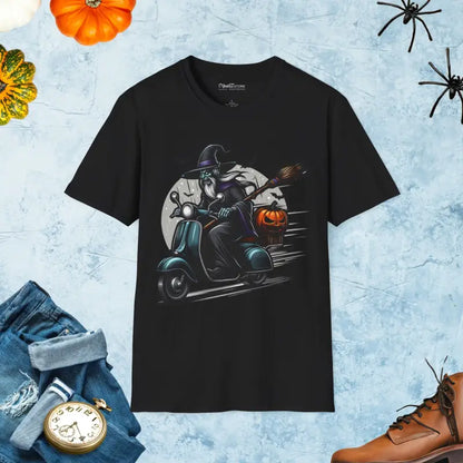 A Warlock Witch on a Scooter Halloween Unisex Softstyle T-shirt - Black / s