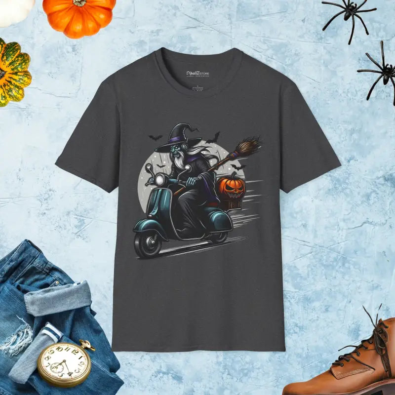 A Warlock Witch on a Scooter Halloween Unisex Softstyle T-shirt - Dark Heather / s