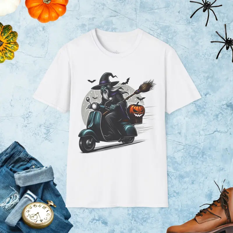 A Warlock Witch on a Scooter Halloween Unisex Softstyle T-shirt - White / s