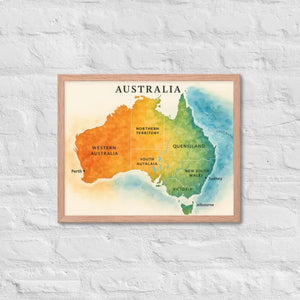 Watercolor Map Framed Poster Australia Design Matte Finish Dipaliz - Red Oak / 16″×20″ - Posters
