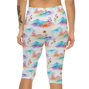 Watercolor Mountain Capri Leggings - Brushed Suede Finish - Dipaliz