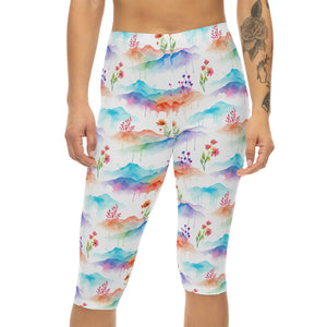 Watercolor Mountain Capri Leggings - Brushed Suede Finish - Dipaliz