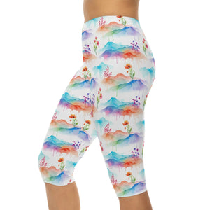 Watercolor Mountain Capri Leggings - Brushed Suede Finish - Dipaliz