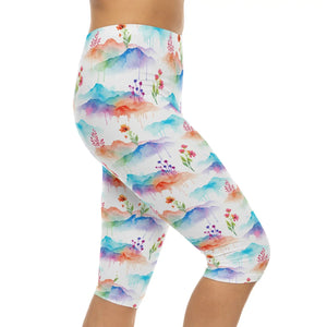 Watercolor Mountain Capri Leggings - Brushed Suede Finish - Dipaliz