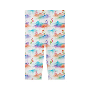 Watercolor Mountain Capri Leggings - Brushed Suede Finish - Dipaliz