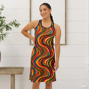 Tank Top - Wavy Retro Swirl Racerback Dress - 70s Print Flow - Dipaliz Xs / Black