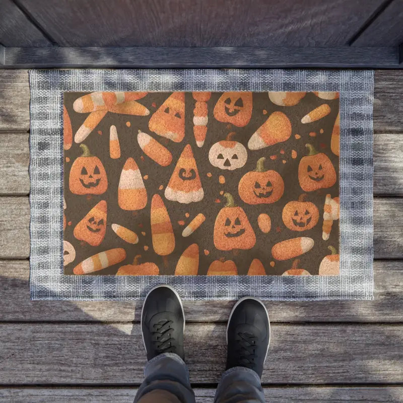 Festive Coir Coconut Fiber Doormat: Candy Corn & Pumpkins Design - 24’’ x 16’’ Home Decor