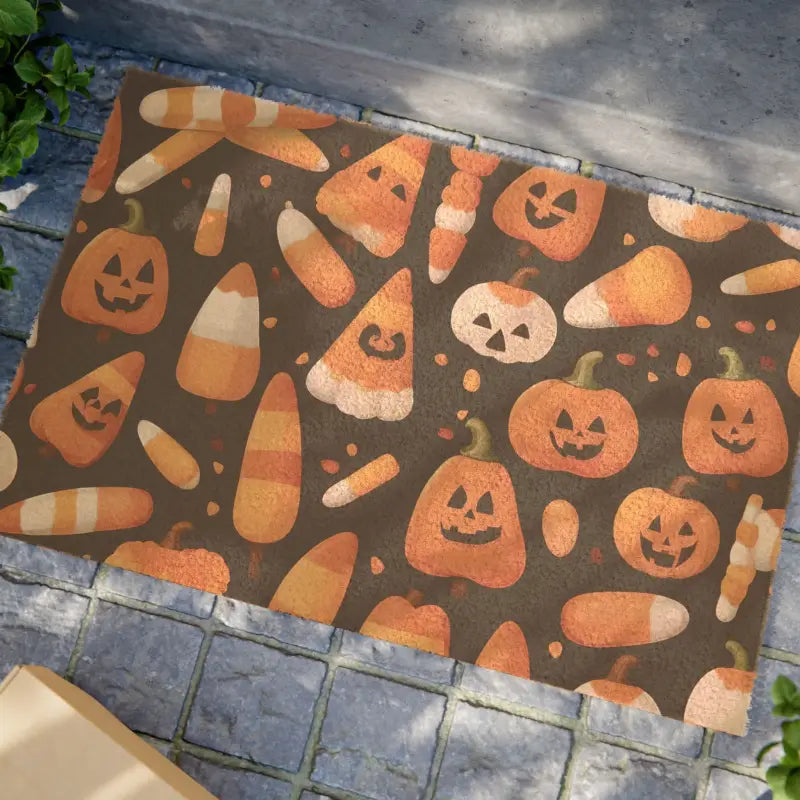 Festive Coir Coconut Fiber Doormat: Candy Corn & Pumpkins Design - 24’’ x 16’’ Home Decor