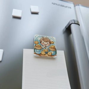 Porcelain Magnet - Kid Eating Cookies Whimsical Decor - Dipaliz - White / 2’’ x / Square