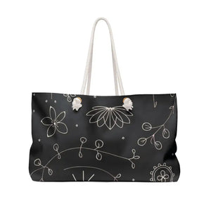 Bags - Black Weekender Bag with White Floral Elements - Dipaliz Tote 24’’ × 13’’