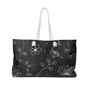Bags - Black Weekender Bag with White Floral Elements - Dipaliz Tote 24’’ × 13’’