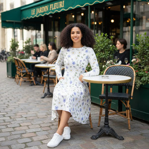 White Scattered Botanical Long Sleeve Midi Dress - Dresses - Xs