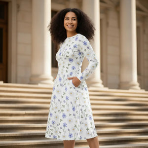White Scattered Botanical Long Sleeve Midi Dress - Dresses - Xs