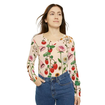 Blossom Boldly in our Wild Flowers Long Sleeve V-neck Tee - Xs All Over Prints