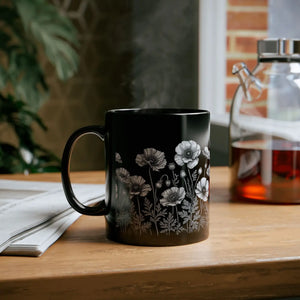 Floral Cat Black Ceramic Mug - Wild Flowers Charm - Dipaliz - Mugs