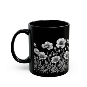 Floral Cat Black Ceramic Mug - Wild Flowers Charm - Dipaliz - Mugs