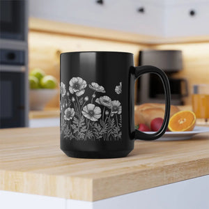 Floral Cat Black Ceramic Mug - Wild Flowers Charm - Dipaliz - Mugs