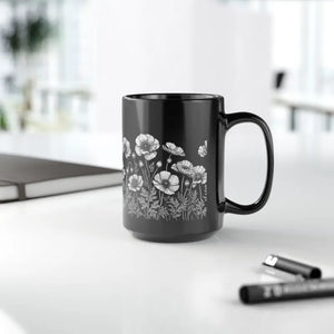 Black Ceramic Mug - Wild Flowers Cat Lover Charm - Dipaliz - 15oz - Mugs