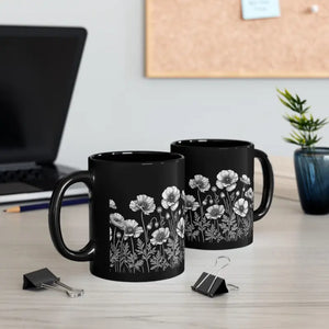 Black Ceramic Mug - Wild Flowers Cat Lover Charm - Dipaliz - 11oz - Mugs