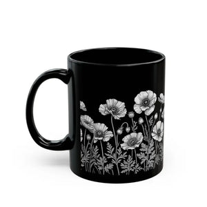 Black Ceramic Mug - Wild Flowers Cat Lover Charm - Dipaliz - Mugs