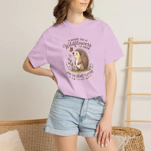 Wildflower Hedgehog T-shirt, ?Where the Wildflowers Grow and Heart Flutters” Cute Nature Tee - T-shirts - m