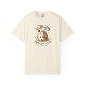 Wildflower Hedgehog T-shirt, ?Where the Wildflowers Grow and Heart Flutters” Cute Nature Tee - T-shirts - m
