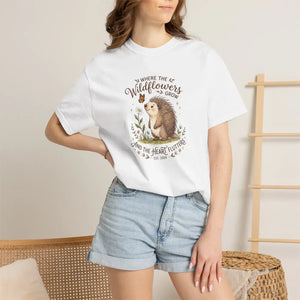 Wildflower Hedgehog T-shirt, ?Where the Wildflowers Grow and Heart Flutters” Cute Nature Tee - T-shirts - m