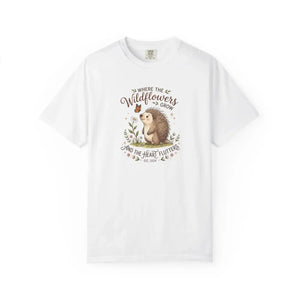 Wildflower Hedgehog T-shirt, ?Where the Wildflowers Grow and Heart Flutters” Cute Nature Tee - T-shirts - m