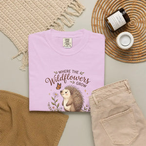 Wildflower Hedgehog T-shirt, ?Where the Wildflowers Grow and Heart Flutters” Cute Nature Tee - T-shirts - m